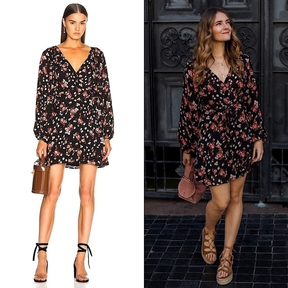 ALC Silk Chiffon Floral Print Puff Long Sleeve V-Neck Tie Belt Wrap Mini Dress 4 - Picture 1 of 15